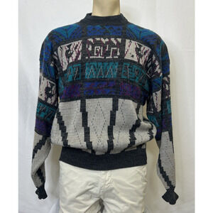Vintage 90s Botany 500 Multi-Color Abstract Knit Pullover Sweater Size Large FS